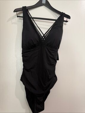 NWT Jantzen  V-Neck One-Piece Black Swimsuit w/ back strap detail.
